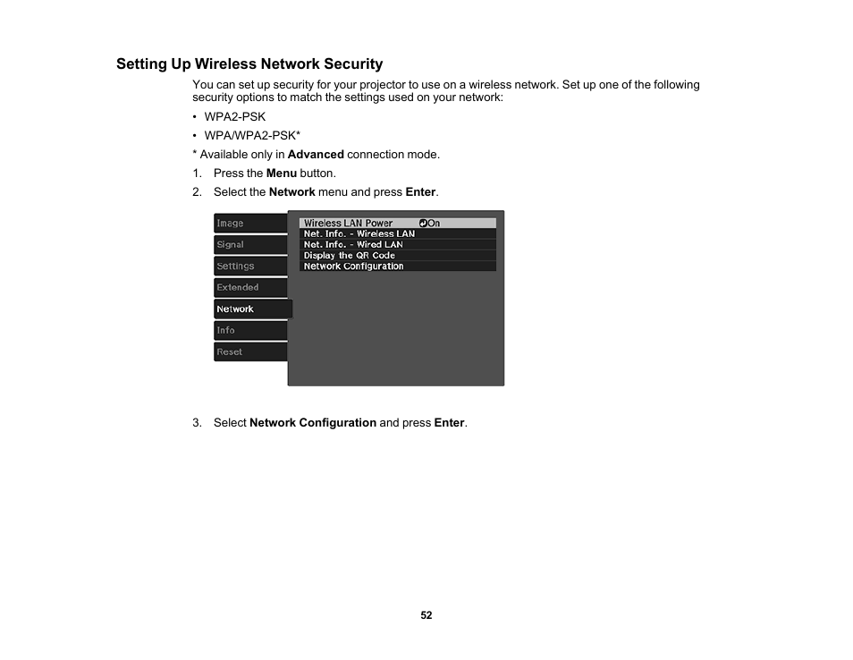 Setting up wireless network security | Epson 100" EpiqVision Ultra LS500 4000-Lumen Pixel-Shift 4K UHD 3LCD Laser Projector TV System with 100" Screen (White Projector) User Manual | Page 52 / 170