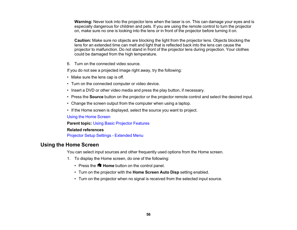 Using the home screen | Epson 100" EpiqVision Ultra LS500 4000-Lumen Pixel-Shift 4K UHD 3LCD Laser Projector TV System with 100" Screen (White Projector) User Manual | Page 56 / 170