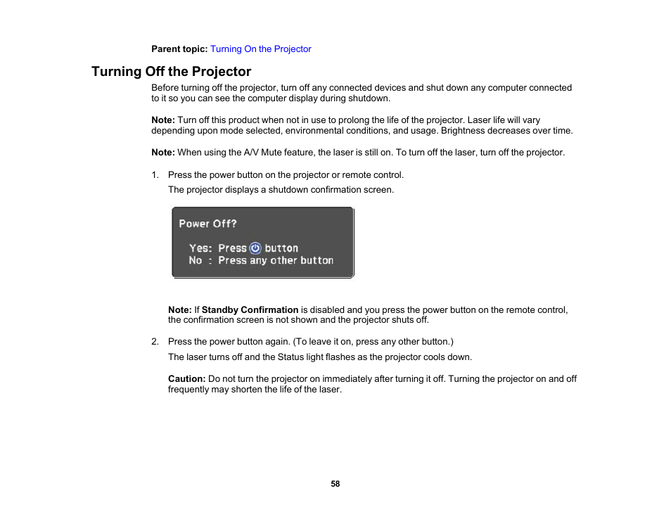 Turning off the projector | Epson 100" EpiqVision Ultra LS500 4000-Lumen Pixel-Shift 4K UHD 3LCD Laser Projector TV System with 100" Screen (White Projector) User Manual | Page 58 / 170