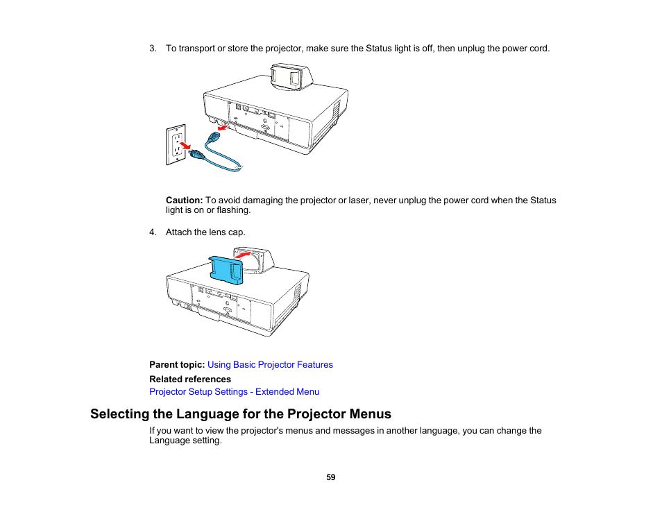 Selecting the language for the projector menus | Epson 100" EpiqVision Ultra LS500 4000-Lumen Pixel-Shift 4K UHD 3LCD Laser Projector TV System with 100" Screen (White Projector) User Manual | Page 59 / 170