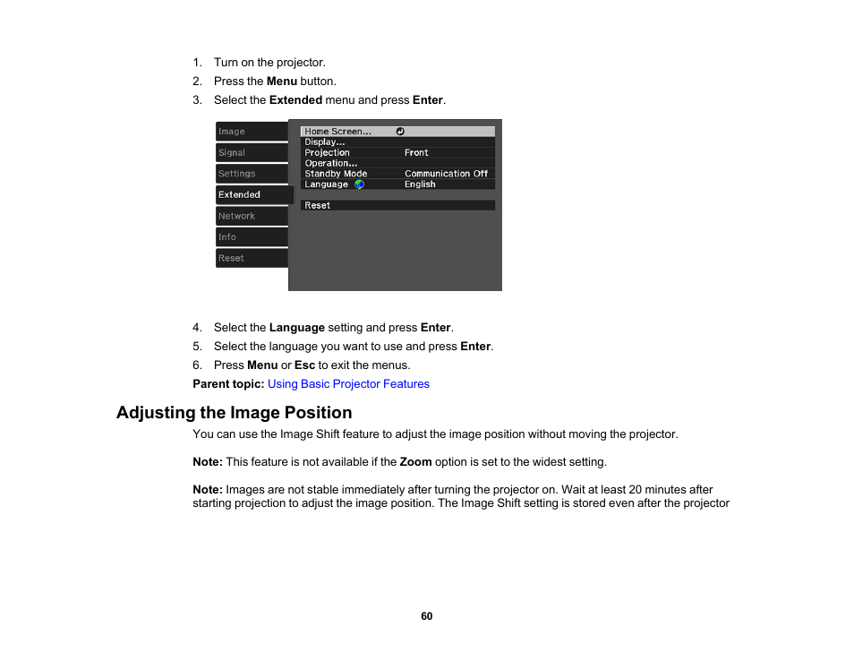 Adjusting the image position | Epson 100" EpiqVision Ultra LS500 4000-Lumen Pixel-Shift 4K UHD 3LCD Laser Projector TV System with 100" Screen (White Projector) User Manual | Page 60 / 170