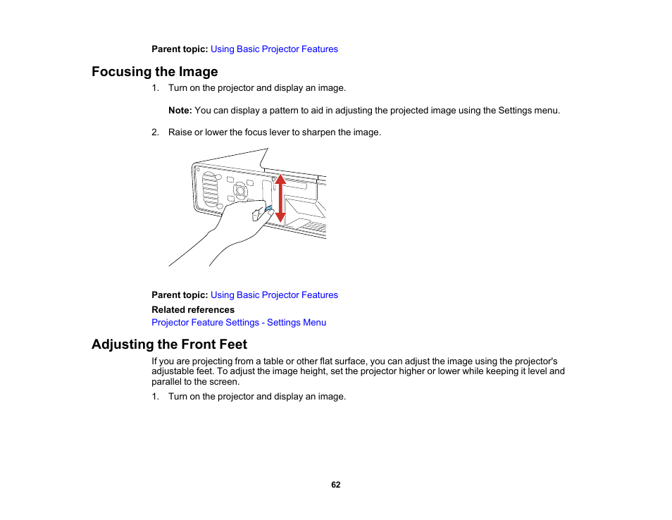 Focusing the image, Adjusting the front feet, Focusing the image adjusting the front feet | Epson 100" EpiqVision Ultra LS500 4000-Lumen Pixel-Shift 4K UHD 3LCD Laser Projector TV System with 100" Screen (White Projector) User Manual | Page 62 / 170