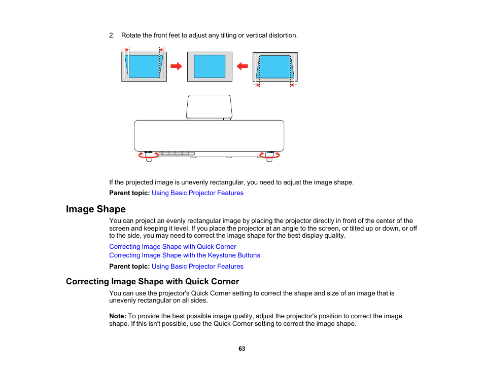 Image shape, Correcting image shape with quick corner | Epson 100" EpiqVision Ultra LS500 4000-Lumen Pixel-Shift 4K UHD 3LCD Laser Projector TV System with 100" Screen (White Projector) User Manual | Page 63 / 170