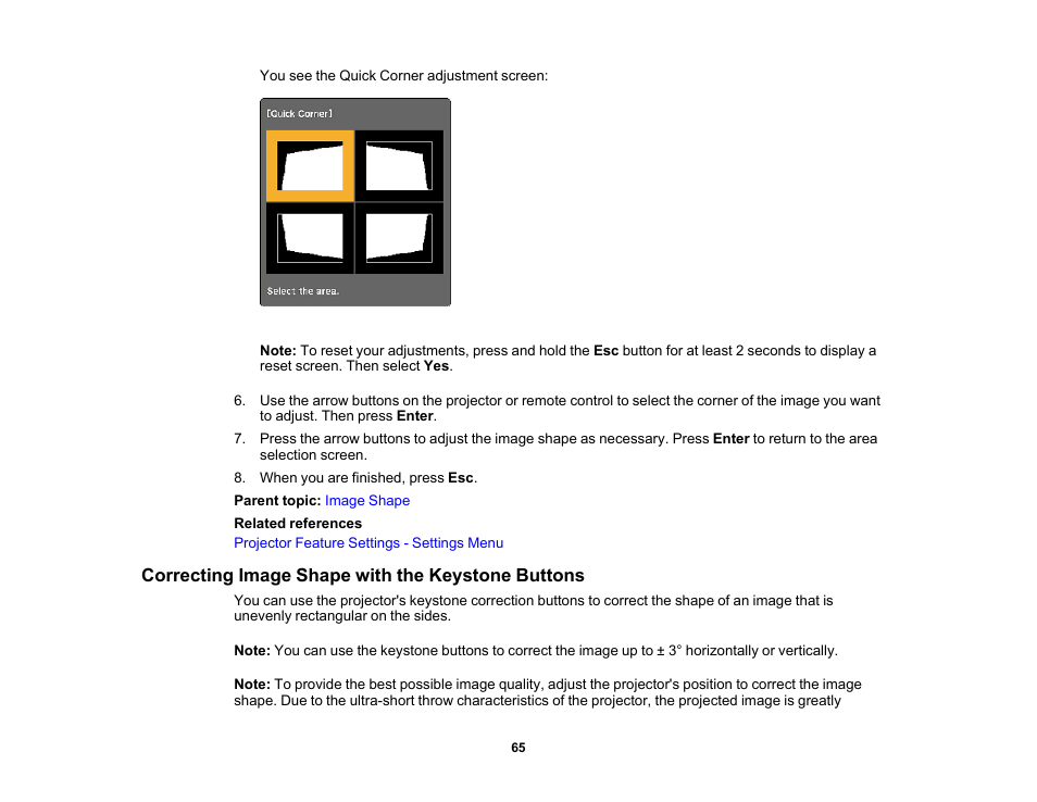 Correcting image shape with the keystone buttons | Epson 100" EpiqVision Ultra LS500 4000-Lumen Pixel-Shift 4K UHD 3LCD Laser Projector TV System with 100" Screen (White Projector) User Manual | Page 65 / 170