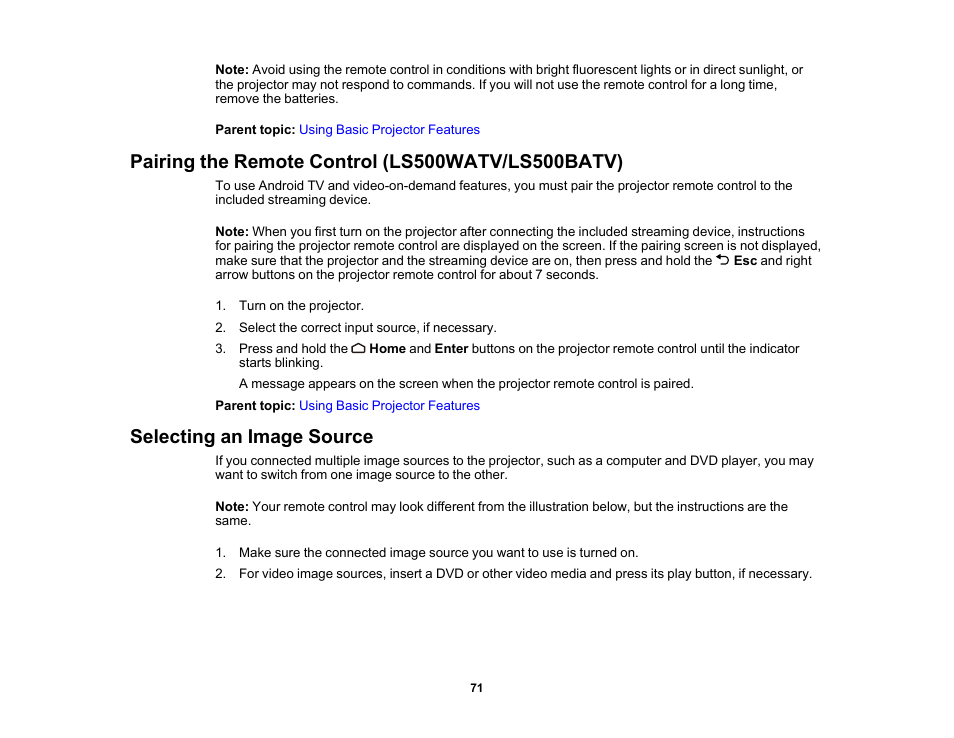 Pairing the remote control (ls500watv/ls500batv), Selecting an image source | Epson 100" EpiqVision Ultra LS500 4000-Lumen Pixel-Shift 4K UHD 3LCD Laser Projector TV System with 100" Screen (White Projector) User Manual | Page 71 / 170