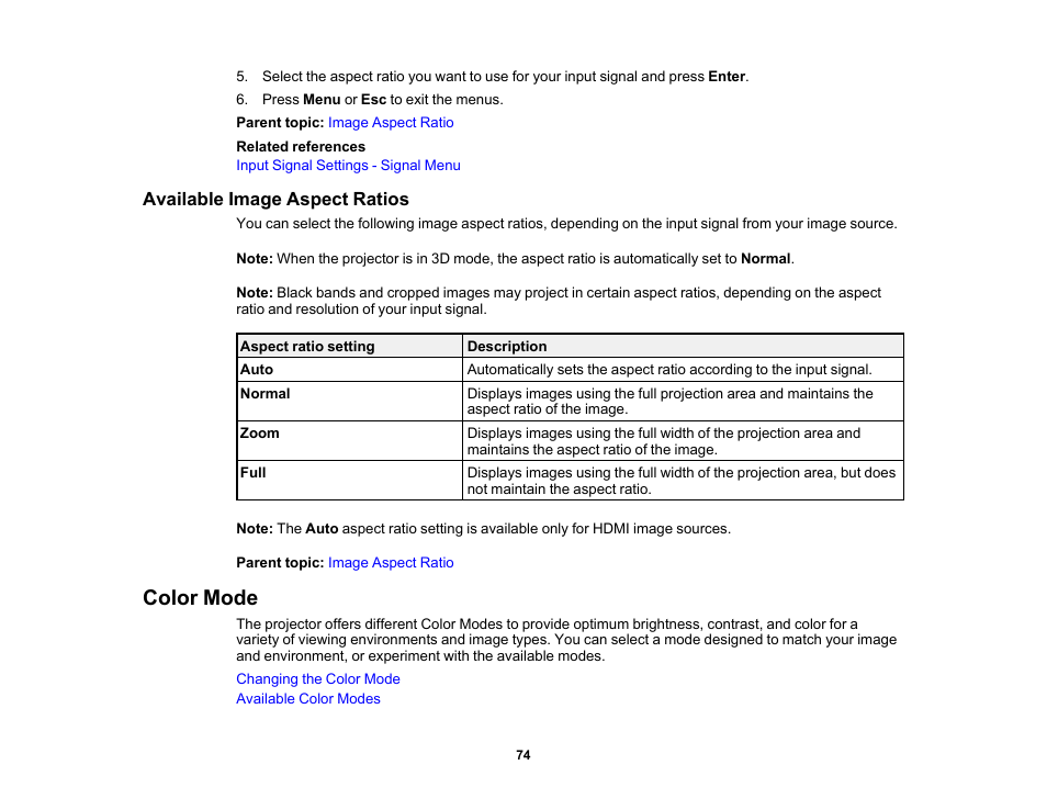 Available image aspect ratios, Color mode | Epson 100" EpiqVision Ultra LS500 4000-Lumen Pixel-Shift 4K UHD 3LCD Laser Projector TV System with 100" Screen (White Projector) User Manual | Page 74 / 170