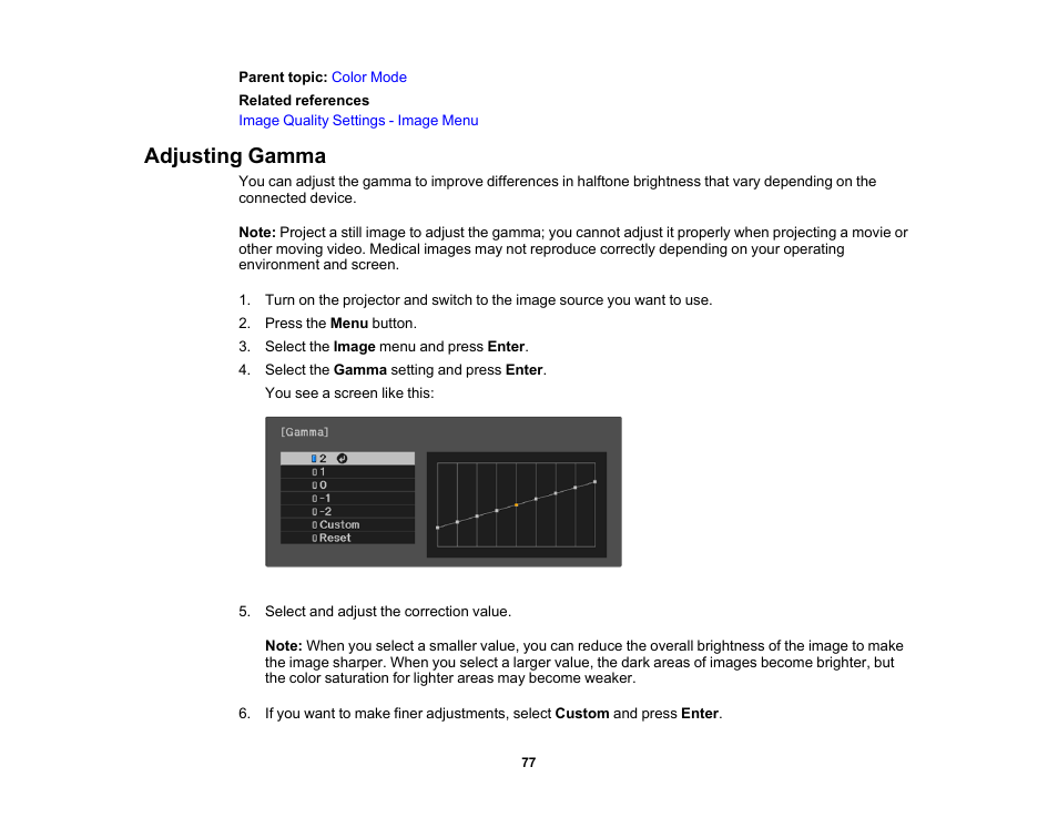 Adjusting gamma | Epson 100" EpiqVision Ultra LS500 4000-Lumen Pixel-Shift 4K UHD 3LCD Laser Projector TV System with 100" Screen (White Projector) User Manual | Page 77 / 170