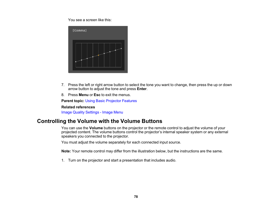 Controlling the volume with the volume buttons | Epson 100" EpiqVision Ultra LS500 4000-Lumen Pixel-Shift 4K UHD 3LCD Laser Projector TV System with 100" Screen (White Projector) User Manual | Page 78 / 170