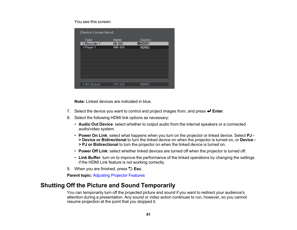 Shutting off the picture and sound temporarily | Epson 100" EpiqVision Ultra LS500 4000-Lumen Pixel-Shift 4K UHD 3LCD Laser Projector TV System with 100" Screen (White Projector) User Manual | Page 81 / 170