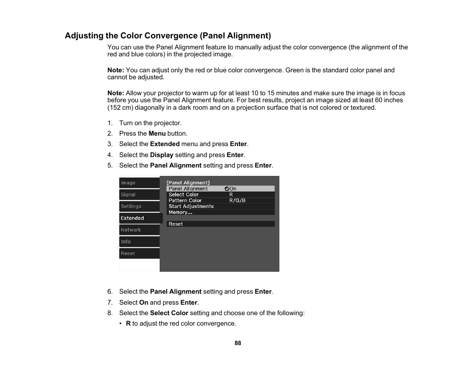 Adjusting the color convergence (panel alignment) | Epson 100" EpiqVision Ultra LS500 4000-Lumen Pixel-Shift 4K UHD 3LCD Laser Projector TV System with 100" Screen (White Projector) User Manual | Page 88 / 170