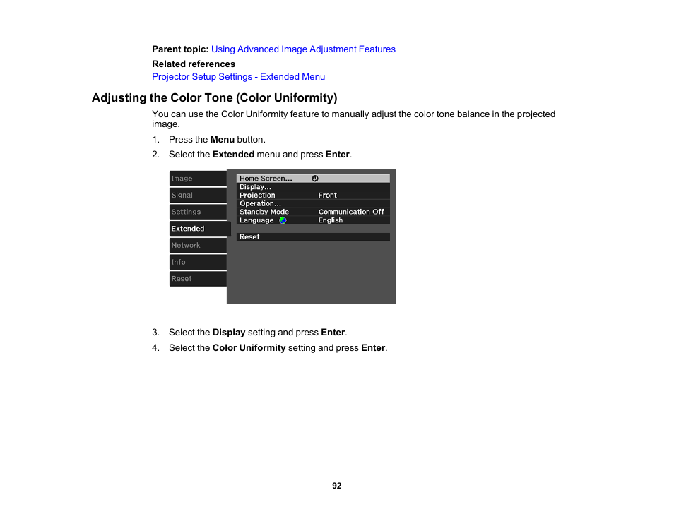 Adjusting the color tone (color uniformity) | Epson 100" EpiqVision Ultra LS500 4000-Lumen Pixel-Shift 4K UHD 3LCD Laser Projector TV System with 100" Screen (White Projector) User Manual | Page 92 / 170