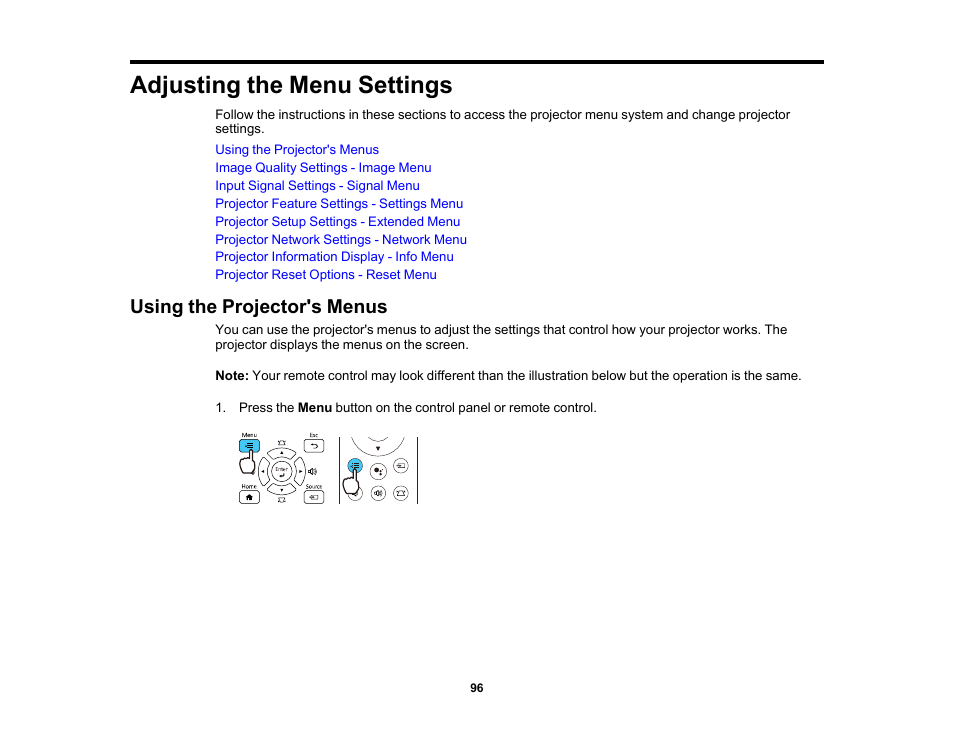 Adjusting the menu settings, Using the projector's menus | Epson 100