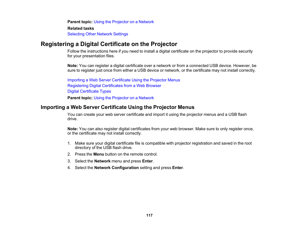 Registering a digital certificate on the projector | Epson Pro L30002UNL 30,000-Lumen HDR Pixel-Shift DCI 4K Laser 3LCD Large Venue Projector (White) User Manual | Page 117 / 347