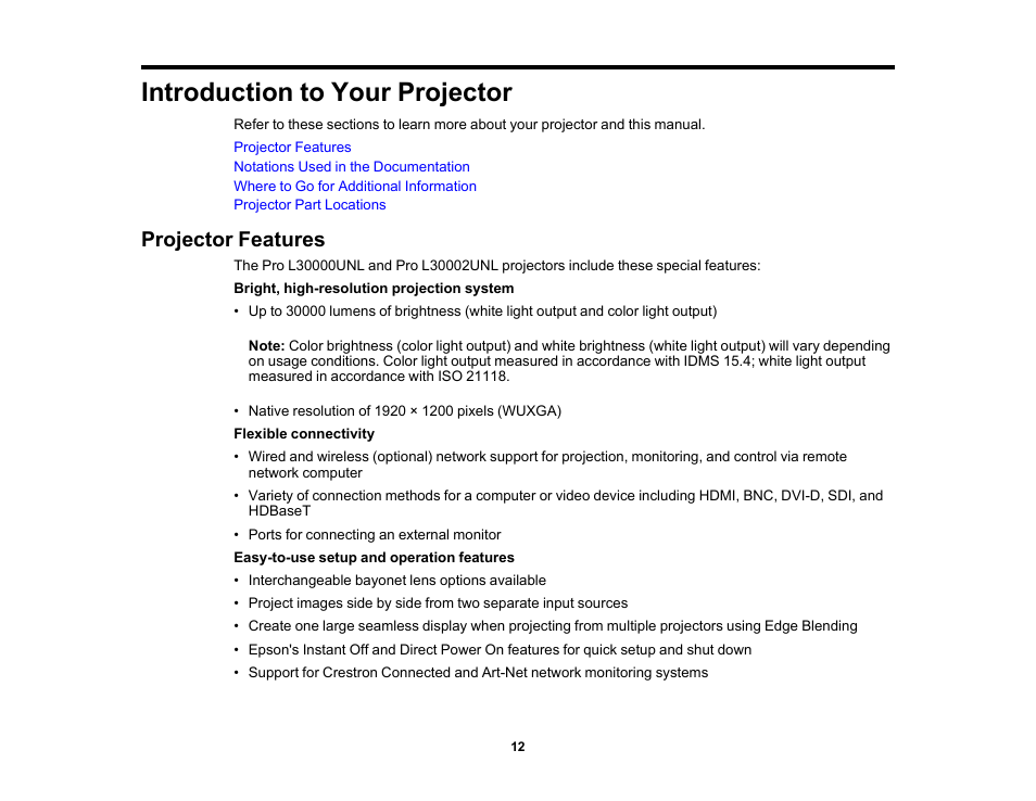 Introduction to your projector, Projector features | Epson Pro L30002UNL 30,000-Lumen HDR Pixel-Shift DCI 4K Laser 3LCD Large Venue Projector (White) User Manual | Page 12 / 347