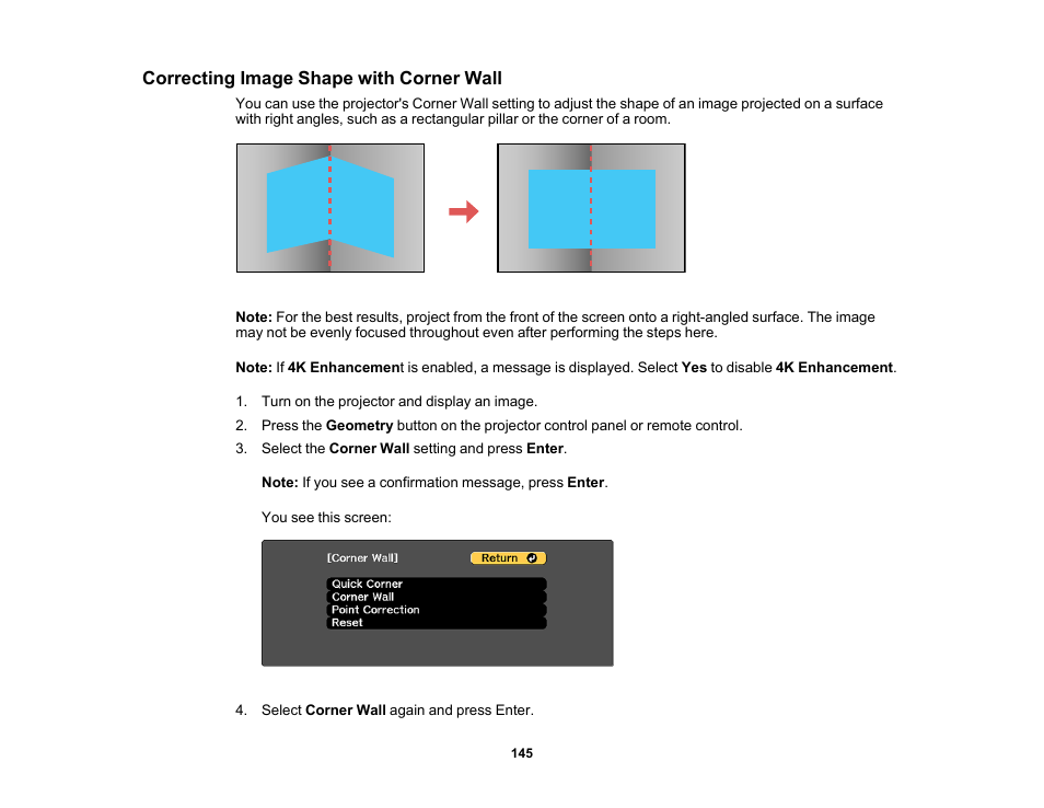 Correcting image shape with corner wall | Epson Pro L30002UNL 30,000-Lumen HDR Pixel-Shift DCI 4K Laser 3LCD Large Venue Projector (White) User Manual | Page 145 / 347
