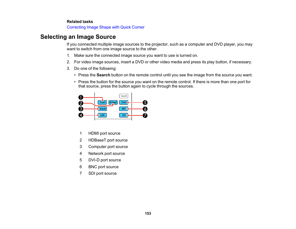 Selecting an image source | Epson Pro L30002UNL 30,000-Lumen HDR Pixel-Shift DCI 4K Laser 3LCD Large Venue Projector (White) User Manual | Page 153 / 347