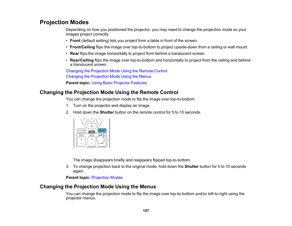 Projection modes, Changing the projection mode using the menus | Epson Pro L30002UNL 30,000-Lumen HDR Pixel-Shift DCI 4K Laser 3LCD Large Venue Projector (White) User Manual | Page 157 / 347