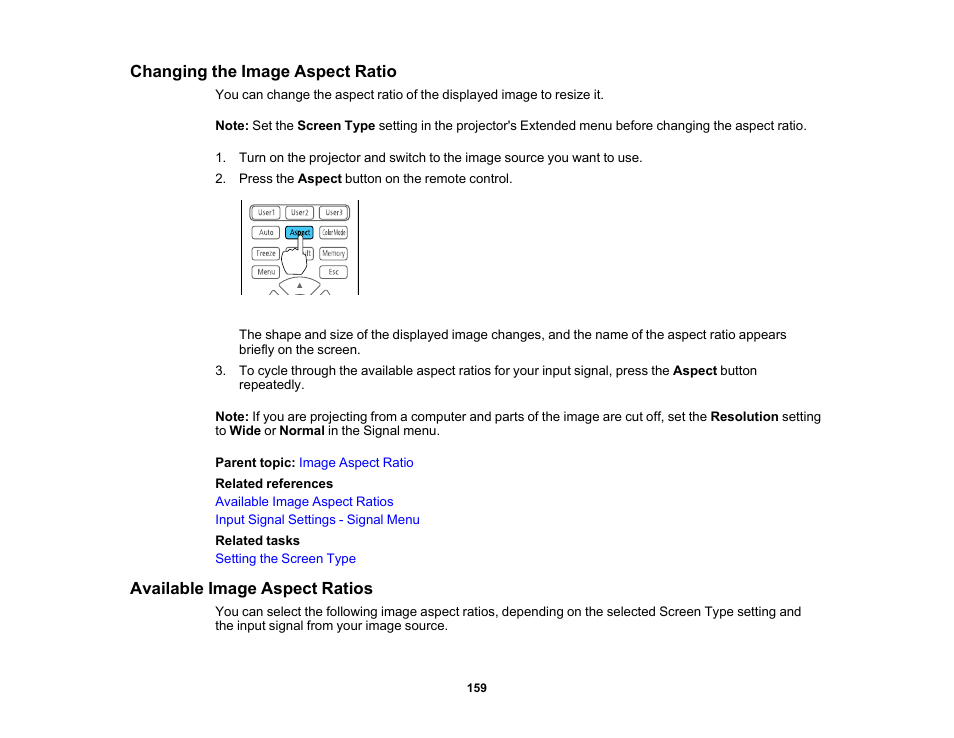 Changing the image aspect ratio, Available image aspect ratios | Epson Pro L30002UNL 30,000-Lumen HDR Pixel-Shift DCI 4K Laser 3LCD Large Venue Projector (White) User Manual | Page 159 / 347