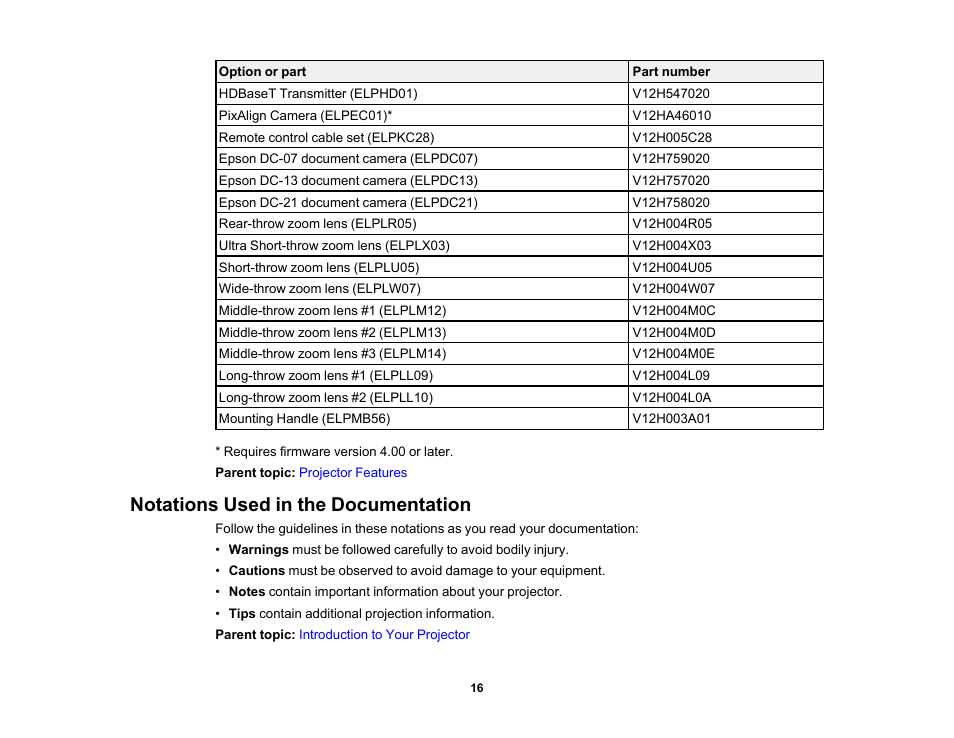 Notations used in the documentation | Epson Pro L30002UNL 30,000-Lumen HDR Pixel-Shift DCI 4K Laser 3LCD Large Venue Projector (White) User Manual | Page 16 / 347