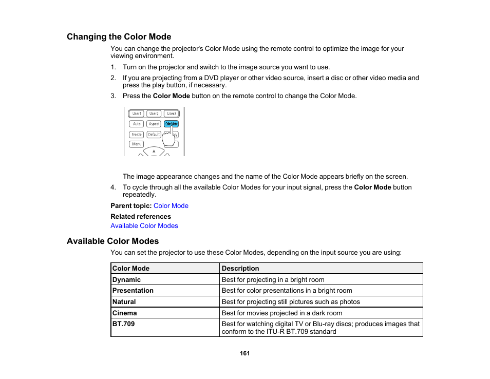 Changing the color mode, Available color modes, Changing the color mode available color modes | Epson Pro L30002UNL 30,000-Lumen HDR Pixel-Shift DCI 4K Laser 3LCD Large Venue Projector (White) User Manual | Page 161 / 347