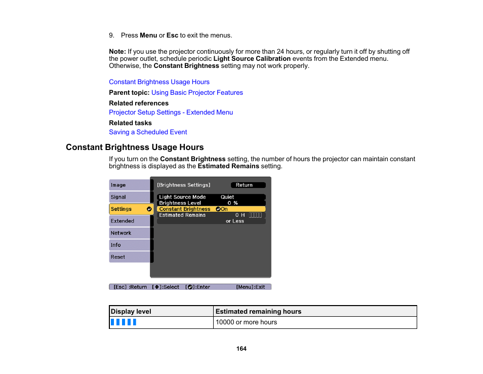Constant brightness usage hours | Epson Pro L30002UNL 30,000-Lumen HDR Pixel-Shift DCI 4K Laser 3LCD Large Venue Projector (White) User Manual | Page 164 / 347