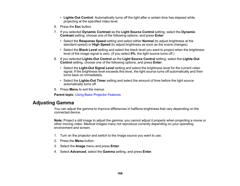 Adjusting gamma | Epson Pro L30002UNL 30,000-Lumen HDR Pixel-Shift DCI 4K Laser 3LCD Large Venue Projector (White) User Manual | Page 168 / 347