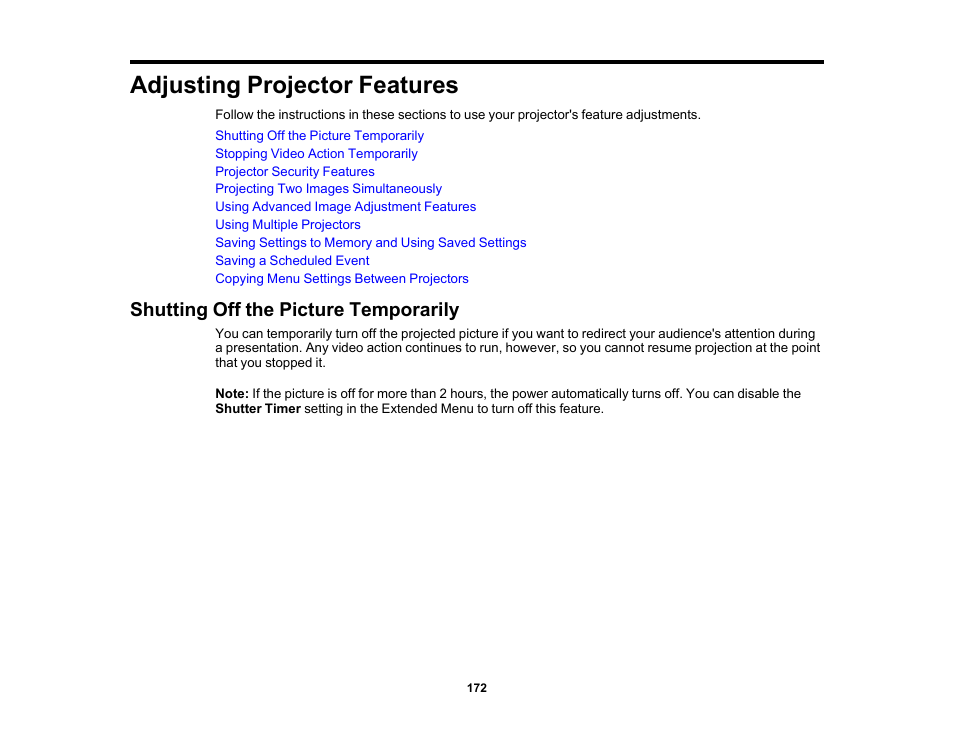 Adjusting projector features, Shutting off the picture temporarily | Epson Pro L30002UNL 30,000-Lumen HDR Pixel-Shift DCI 4K Laser 3LCD Large Venue Projector (White) User Manual | Page 172 / 347
