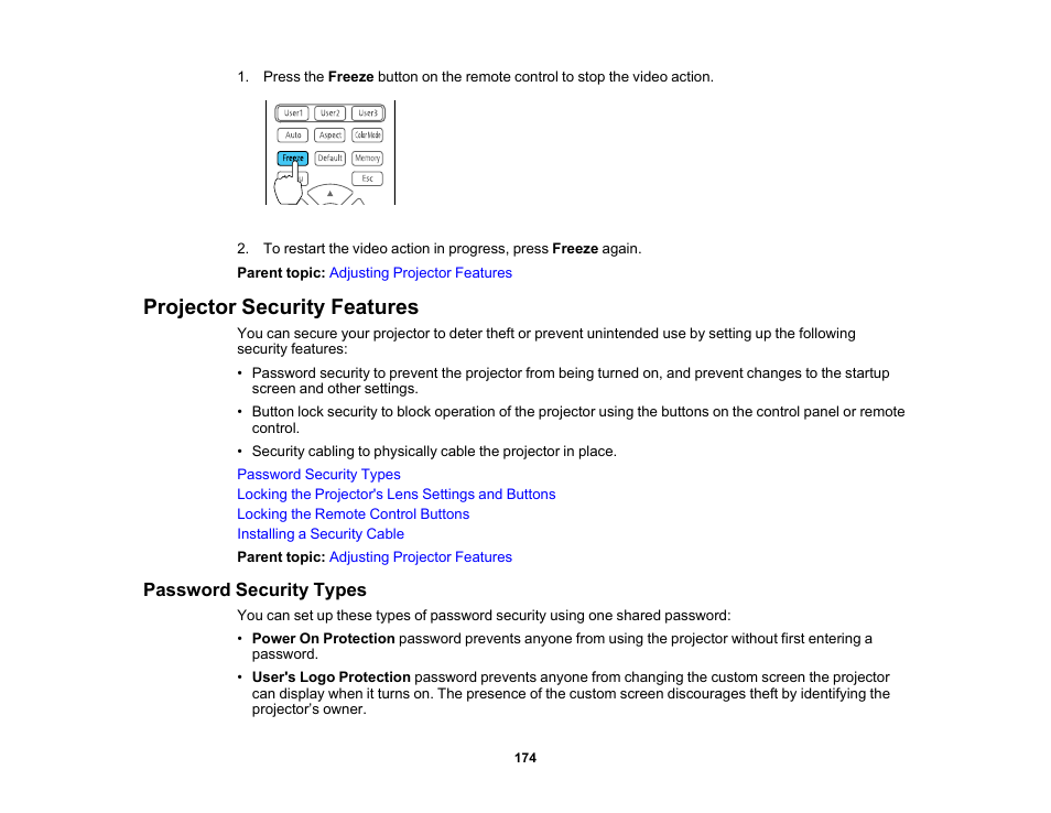 Projector security features, Password security types | Epson Pro L30002UNL 30,000-Lumen HDR Pixel-Shift DCI 4K Laser 3LCD Large Venue Projector (White) User Manual | Page 174 / 347