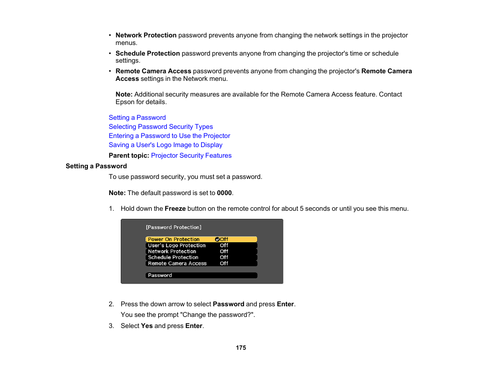 Setting a password | Epson Pro L30002UNL 30,000-Lumen HDR Pixel-Shift DCI 4K Laser 3LCD Large Venue Projector (White) User Manual | Page 175 / 347