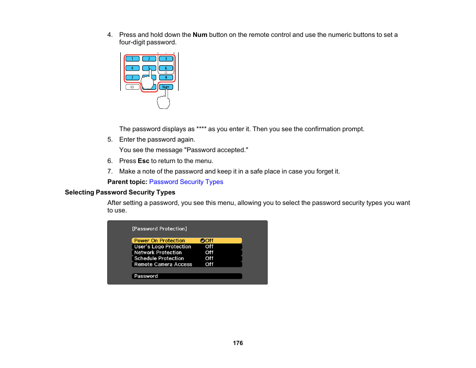 Selecting password security types | Epson Pro L30002UNL 30,000-Lumen HDR Pixel-Shift DCI 4K Laser 3LCD Large Venue Projector (White) User Manual | Page 176 / 347