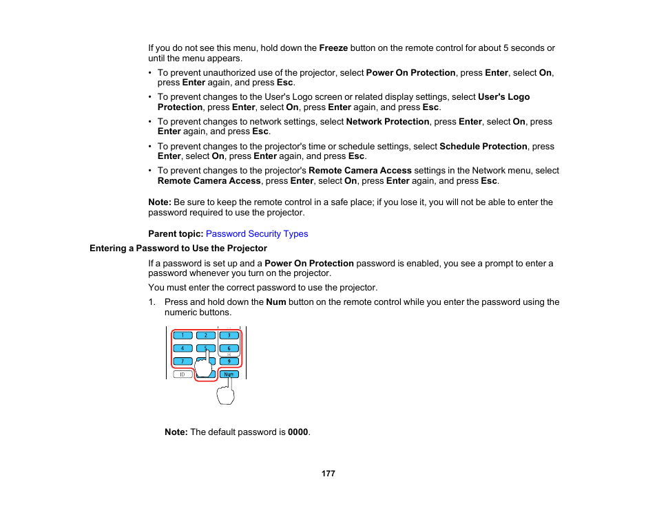 Entering a password to use the projector | Epson Pro L30002UNL 30,000-Lumen HDR Pixel-Shift DCI 4K Laser 3LCD Large Venue Projector (White) User Manual | Page 177 / 347