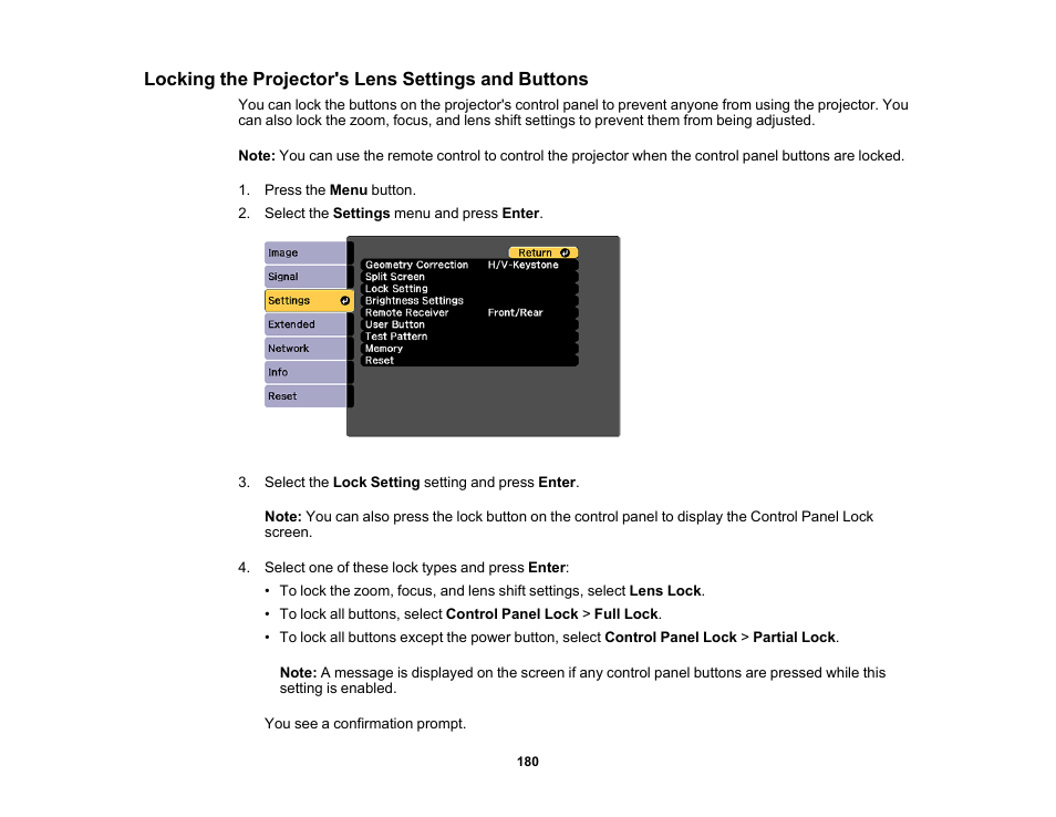 Locking the projector's lens settings and buttons | Epson Pro L30002UNL 30,000-Lumen HDR Pixel-Shift DCI 4K Laser 3LCD Large Venue Projector (White) User Manual | Page 180 / 347