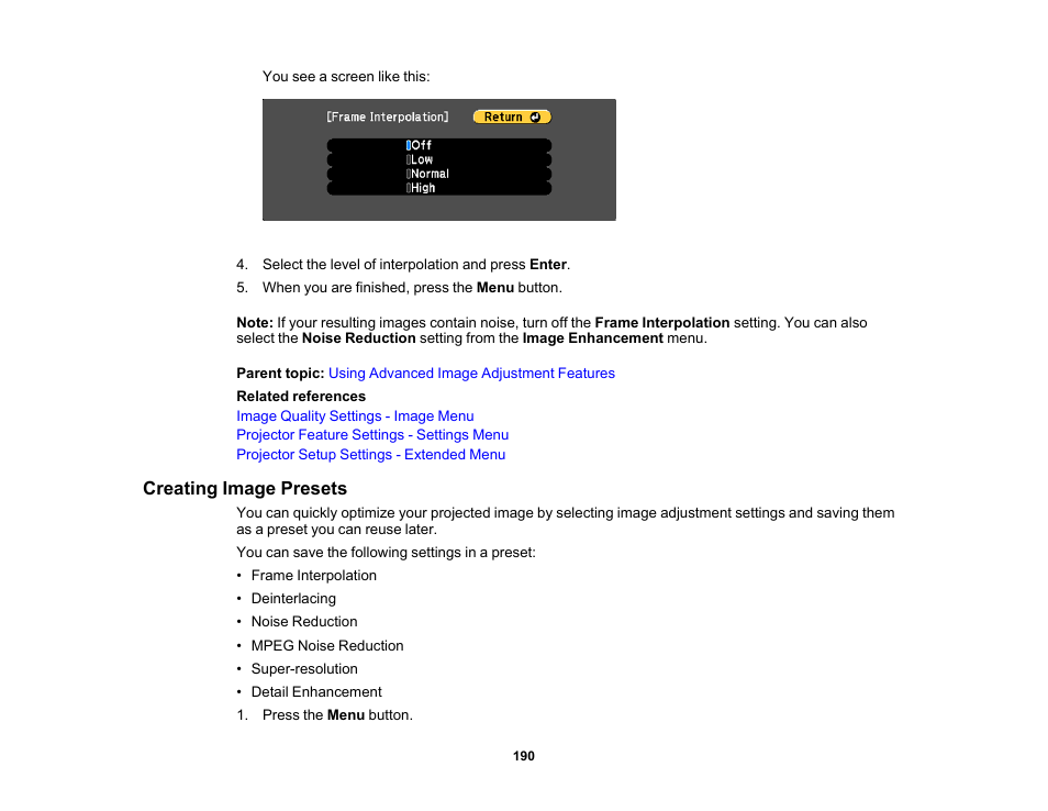 Creating image presets | Epson Pro L30002UNL 30,000-Lumen HDR Pixel-Shift DCI 4K Laser 3LCD Large Venue Projector (White) User Manual | Page 190 / 347