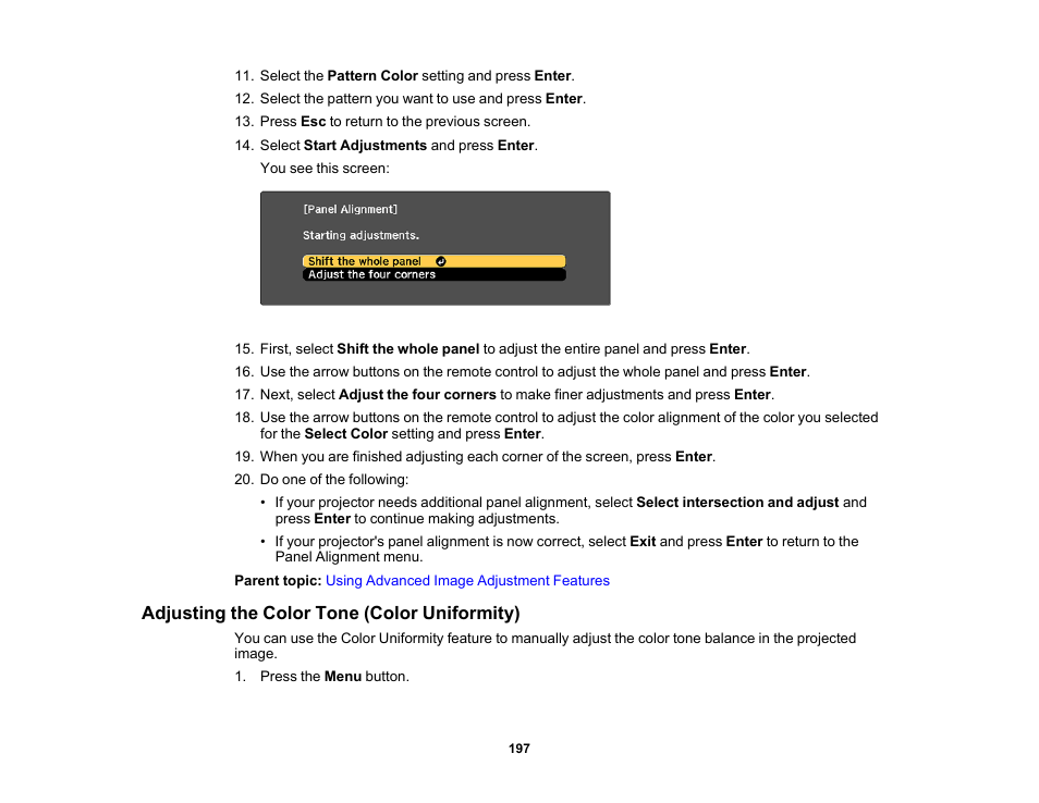 Adjusting the color tone (color uniformity) | Epson Pro L30002UNL 30,000-Lumen HDR Pixel-Shift DCI 4K Laser 3LCD Large Venue Projector (White) User Manual | Page 197 / 347
