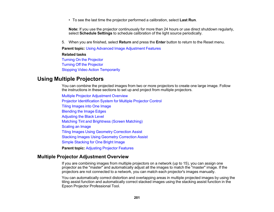 Using multiple projectors, Multiple projector adjustment overview | Epson Pro L30002UNL 30,000-Lumen HDR Pixel-Shift DCI 4K Laser 3LCD Large Venue Projector (White) User Manual | Page 201 / 347