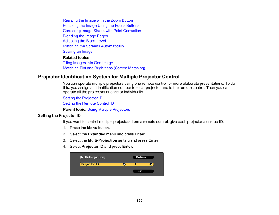 Setting the projector id | Epson Pro L30002UNL 30,000-Lumen HDR Pixel-Shift DCI 4K Laser 3LCD Large Venue Projector (White) User Manual | Page 203 / 347