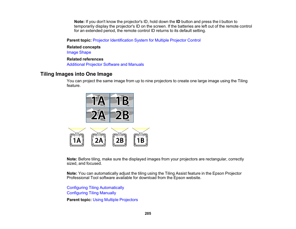 Tiling images into one image | Epson Pro L30002UNL 30,000-Lumen HDR Pixel-Shift DCI 4K Laser 3LCD Large Venue Projector (White) User Manual | Page 205 / 347