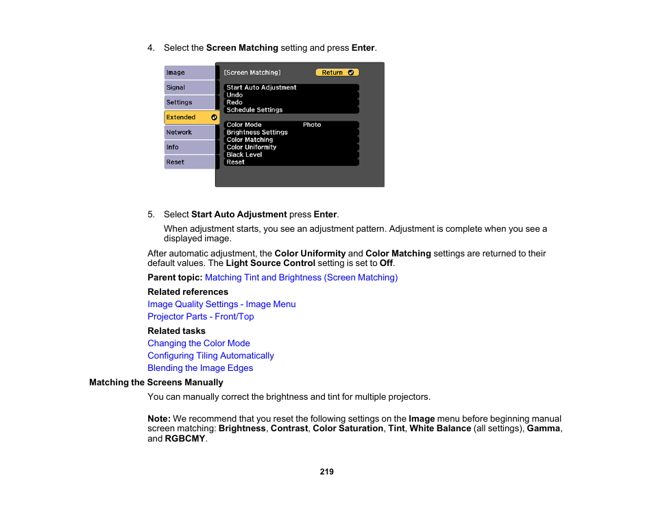 Matching the screens manually | Epson Pro L30002UNL 30,000-Lumen HDR Pixel-Shift DCI 4K Laser 3LCD Large Venue Projector (White) User Manual | Page 219 / 347