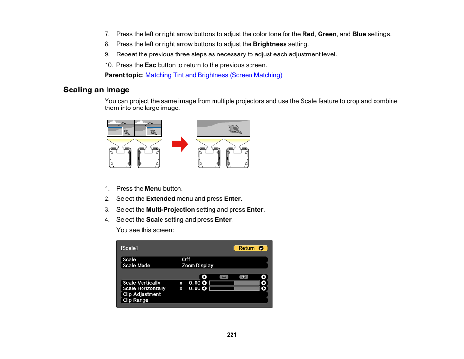 Scaling an image | Epson Pro L30002UNL 30,000-Lumen HDR Pixel-Shift DCI 4K Laser 3LCD Large Venue Projector (White) User Manual | Page 221 / 347