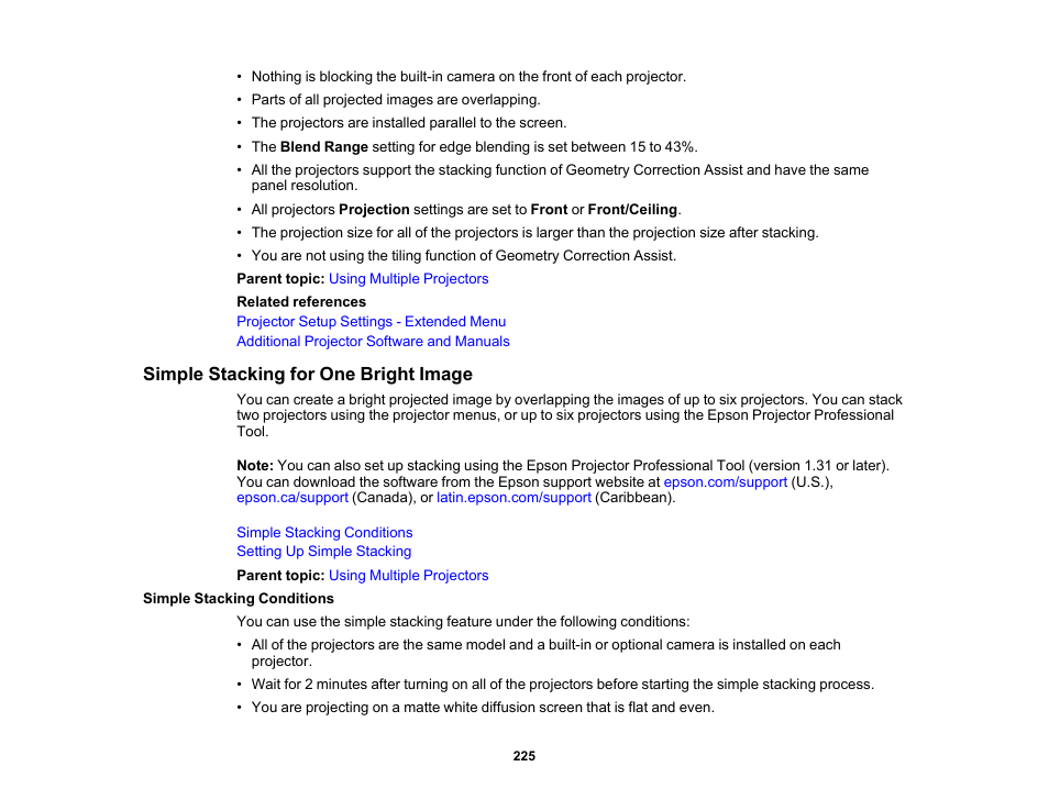 Simple stacking for one bright image, Simple stacking conditions | Epson Pro L30002UNL 30,000-Lumen HDR Pixel-Shift DCI 4K Laser 3LCD Large Venue Projector (White) User Manual | Page 225 / 347