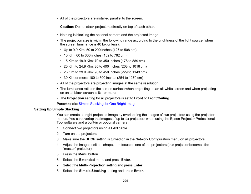 Setting up simple stacking | Epson Pro L30002UNL 30,000-Lumen HDR Pixel-Shift DCI 4K Laser 3LCD Large Venue Projector (White) User Manual | Page 226 / 347