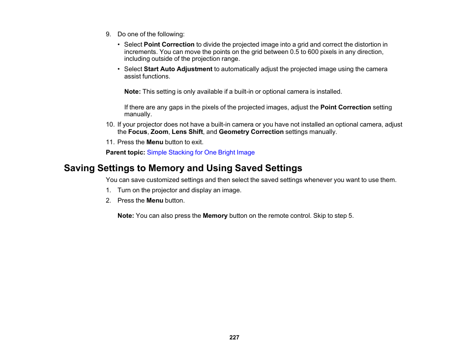 Saving settings to memory and using saved settings | Epson Pro L30002UNL 30,000-Lumen HDR Pixel-Shift DCI 4K Laser 3LCD Large Venue Projector (White) User Manual | Page 227 / 347