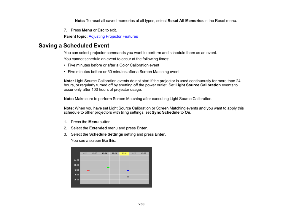 Saving a scheduled event | Epson Pro L30002UNL 30,000-Lumen HDR Pixel-Shift DCI 4K Laser 3LCD Large Venue Projector (White) User Manual | Page 230 / 347