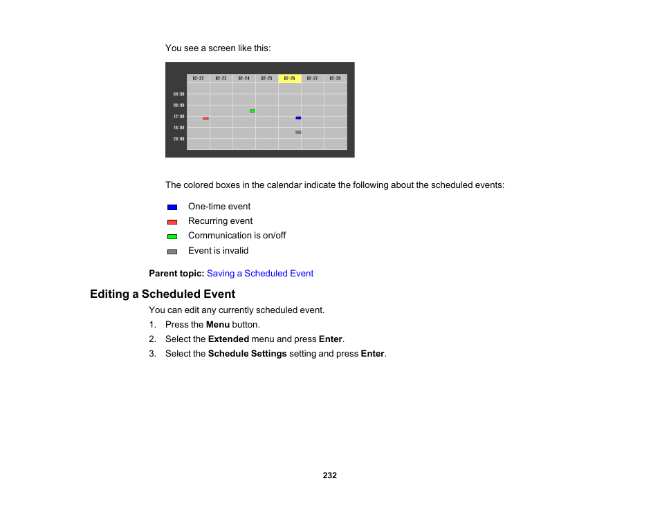Editing a scheduled event | Epson Pro L30002UNL 30,000-Lumen HDR Pixel-Shift DCI 4K Laser 3LCD Large Venue Projector (White) User Manual | Page 232 / 347