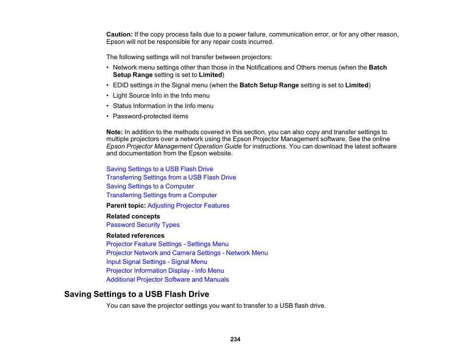 Saving settings to a usb flash drive | Epson Pro L30002UNL 30,000-Lumen HDR Pixel-Shift DCI 4K Laser 3LCD Large Venue Projector (White) User Manual | Page 234 / 347