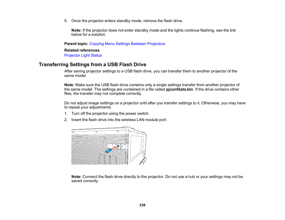 Transferring settings from a usb flash drive | Epson Pro L30002UNL 30,000-Lumen HDR Pixel-Shift DCI 4K Laser 3LCD Large Venue Projector (White) User Manual | Page 236 / 347