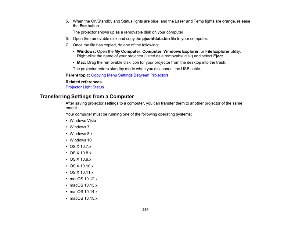 Transferring settings from a computer | Epson Pro L30002UNL 30,000-Lumen HDR Pixel-Shift DCI 4K Laser 3LCD Large Venue Projector (White) User Manual | Page 239 / 347