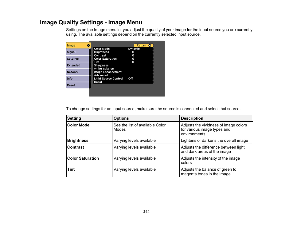 Image quality settings - image menu | Epson Pro L30002UNL 30,000-Lumen HDR Pixel-Shift DCI 4K Laser 3LCD Large Venue Projector (White) User Manual | Page 244 / 347