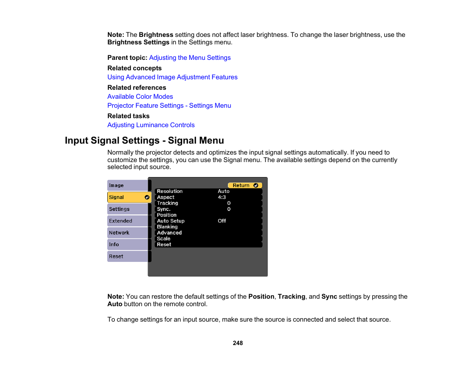 Input signal settings - signal menu | Epson Pro L30002UNL 30,000-Lumen HDR Pixel-Shift DCI 4K Laser 3LCD Large Venue Projector (White) User Manual | Page 248 / 347