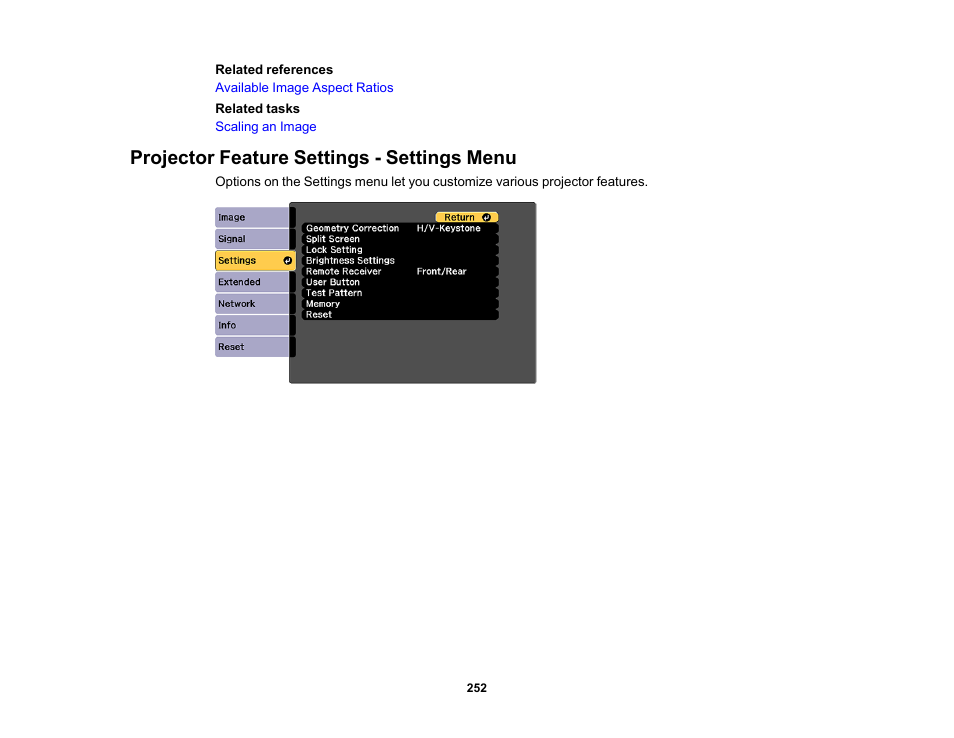 Projector feature settings - settings menu | Epson Pro L30002UNL 30,000-Lumen HDR Pixel-Shift DCI 4K Laser 3LCD Large Venue Projector (White) User Manual | Page 252 / 347
